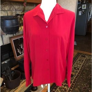 LAURA SCOTT SIZE 14 RED PIN STRIPED FITTED LONG SLEEVE SHIRT PROFESSIONAL LOOK
